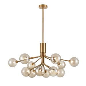 Franklite Cosmic large modern 12 light pendant in antique gold with amber glass shades, long drop on white background.