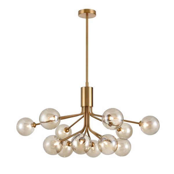 Franklite Cosmic large modern 12 light pendant in antique gold with amber glass shades, long drop on white background.