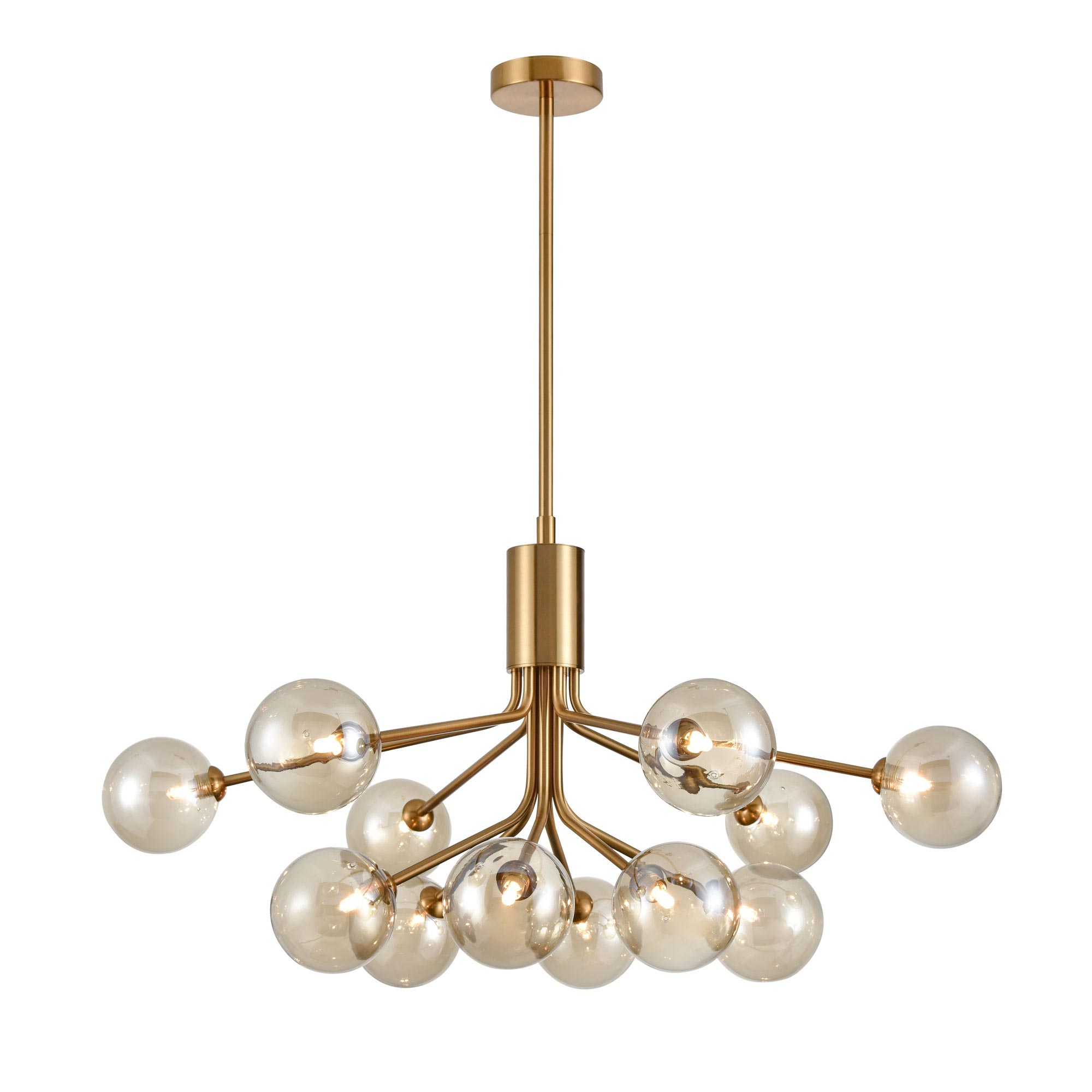 Large Modern 12 Light Pendant Antique Gold Amber Glass Shades