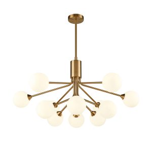 Franklite Cosmic large modern 12 light pendant in antique gold with opal glass shades, long drop on white background.