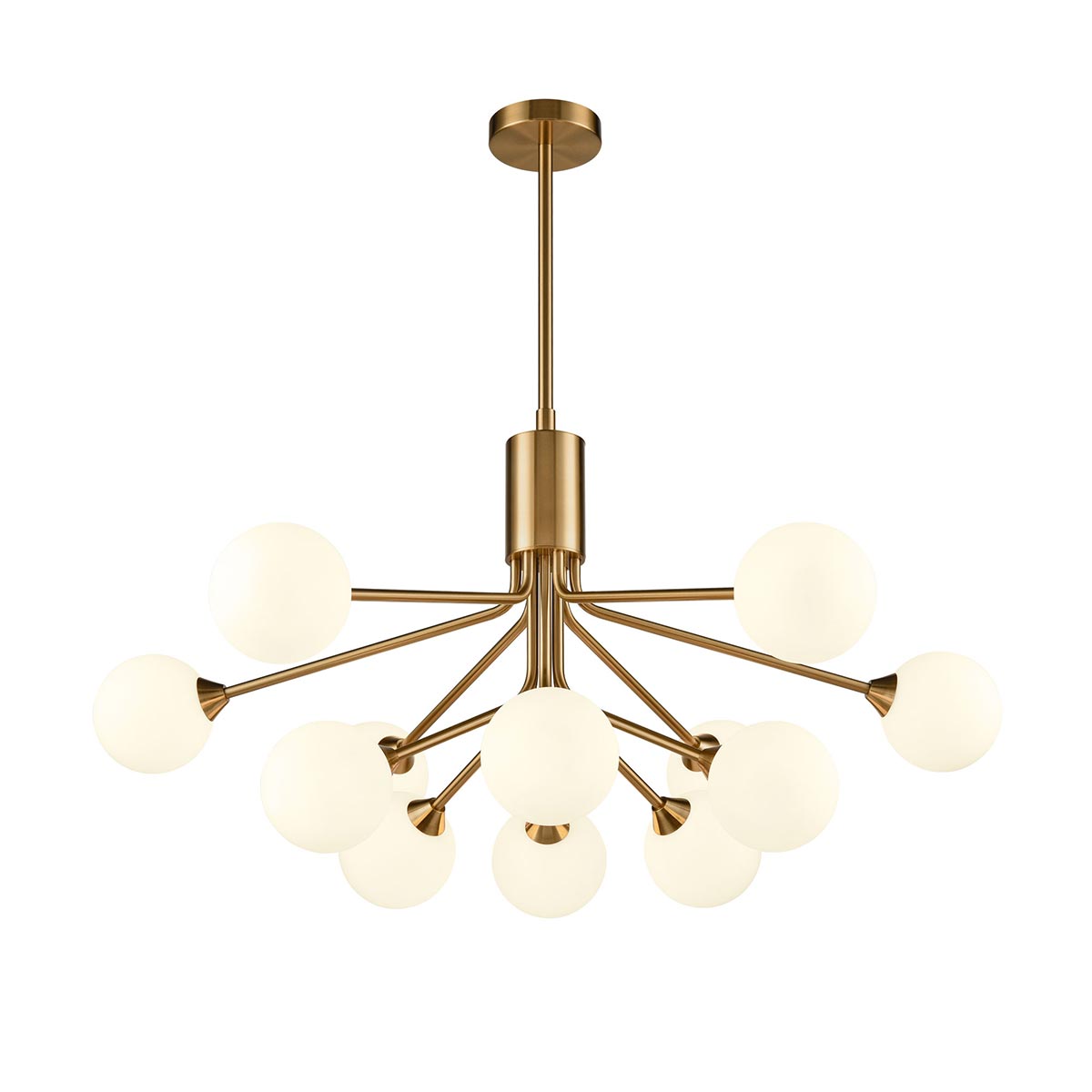 Large Modern 12 Light Pendant Antique Gold Opal Glass Shades