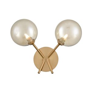 Franklite Cosmic modern twin wall light in antique gold with amber glass shades on white background.