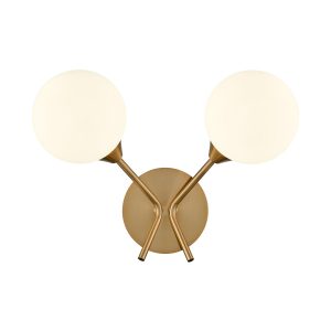 Franklite Cosmic, quality modern twin wall light in antique gold with opal glass shades, on white background.