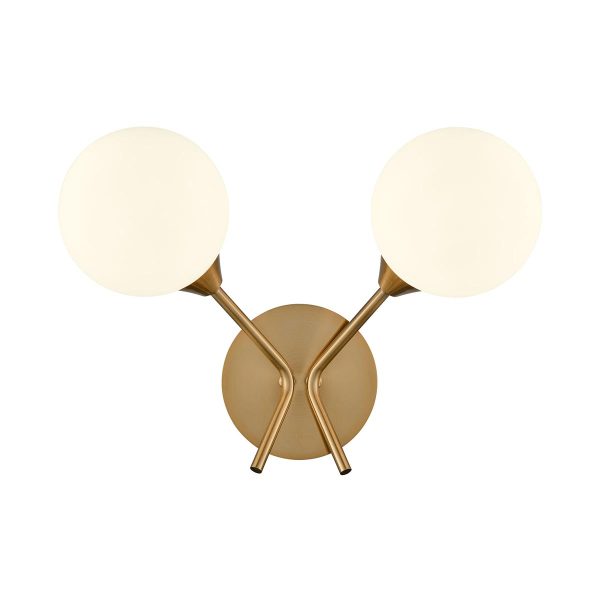 Franklite Cosmic, quality modern twin wall light in antique gold with opal glass shades, on white background.