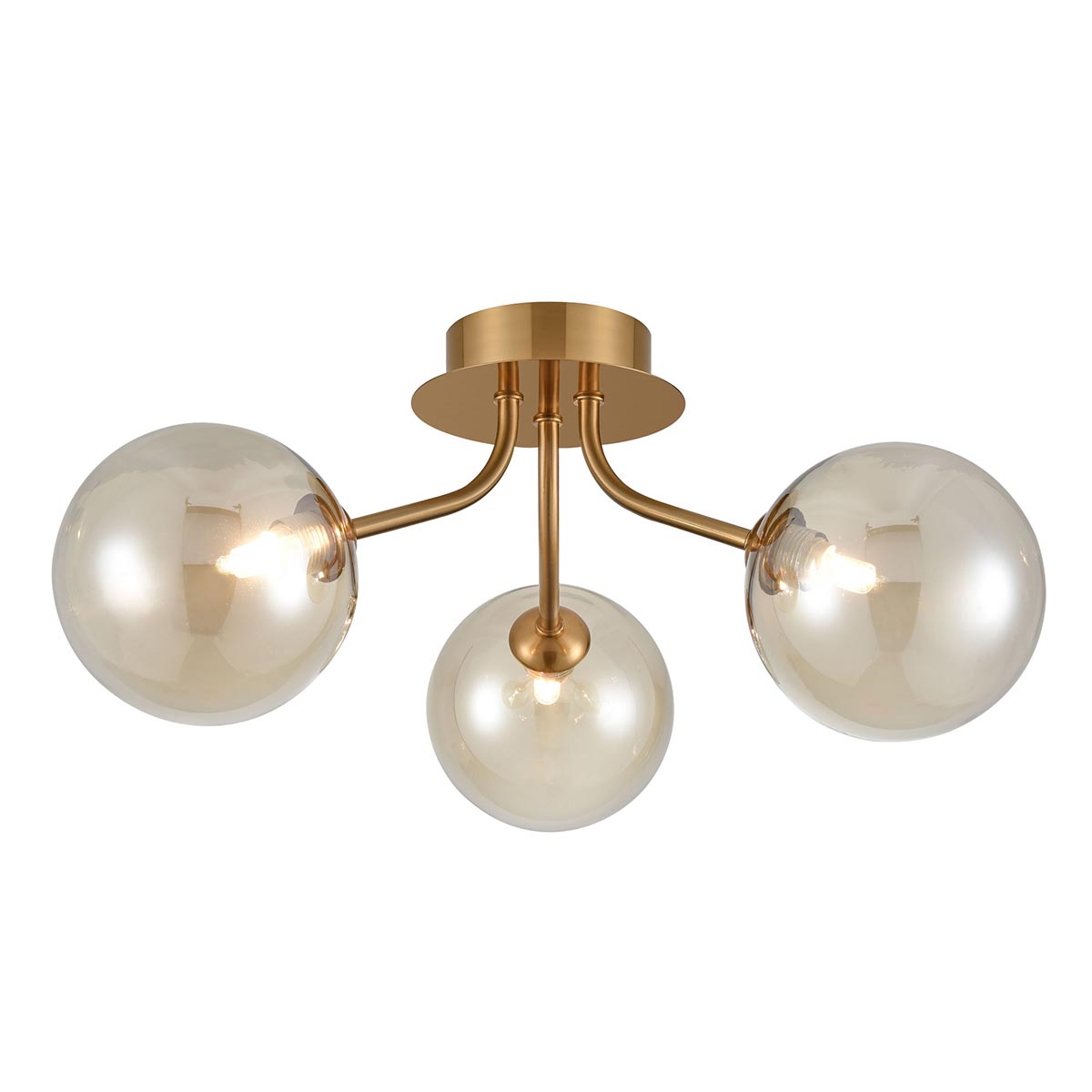 Modern 3 Light Semi Flush Antique Gold Amber Glass Shades