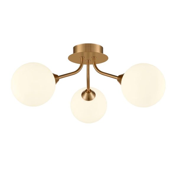 Franklite Cosmic, quality modern 3 light semi flush ceiling light in antique gold with opal glass shades, on white background.