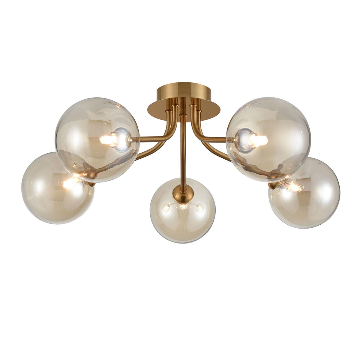 Modern 5 Light Semi Flush Antique Gold Amber Glass Shades