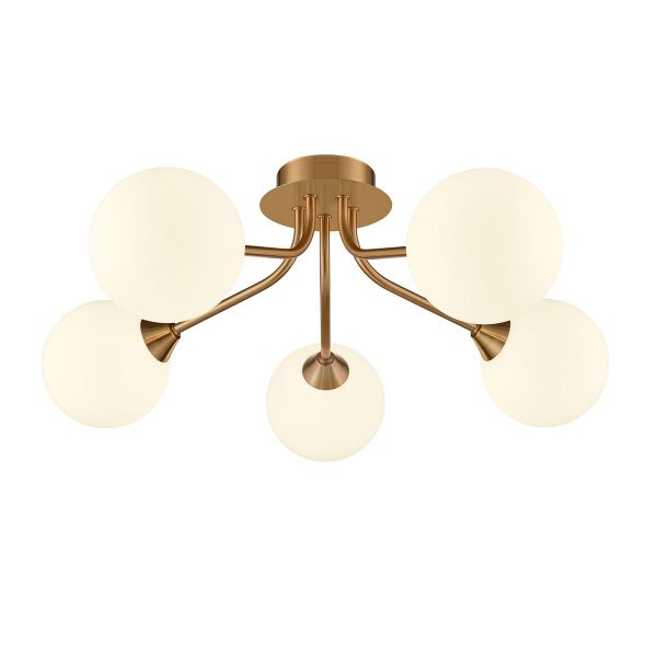 Franklite Cosmic, quality modern 5 light semi flush ceiling light in antique gold with opal glass shades, on white background.