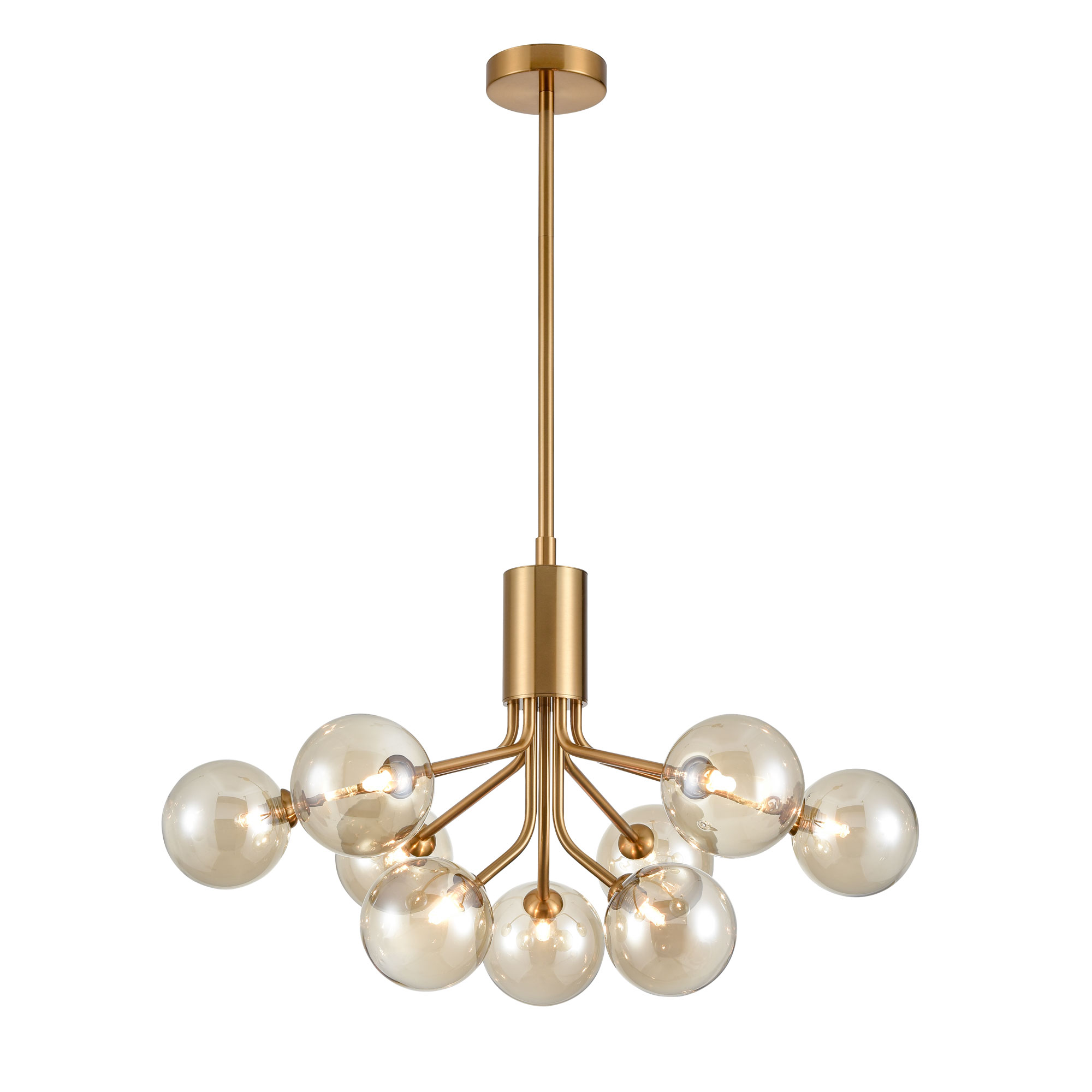 Modern 9 Light Pendant Antique Gold Amber Glass Shades