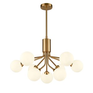 Franklite Cosmic quality modern 9 light pendant in antique gold with opal glass shades, long drop on white background.