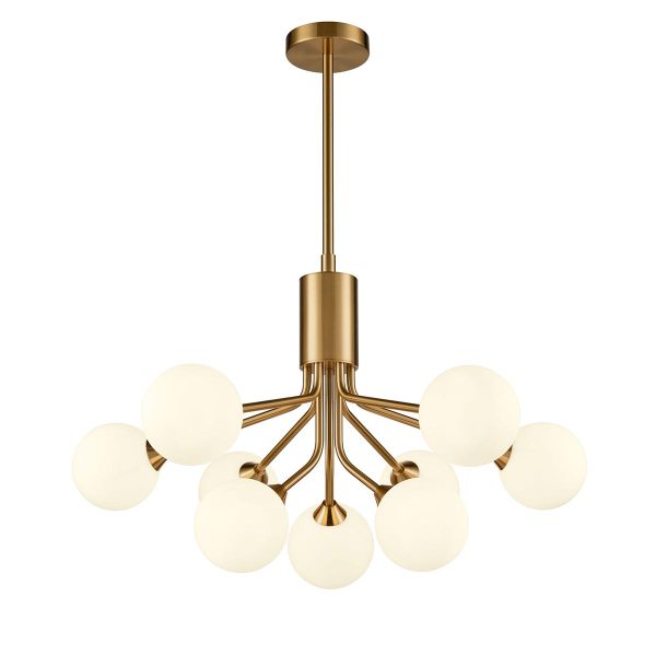 Franklite Cosmic quality modern 9 light pendant in antique gold with opal glass shades, long drop on white background.