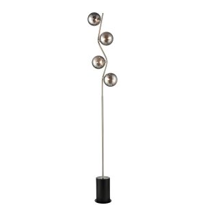 Franklite Cosmic modern 4 light floor lamp in satin nickel with smoked glass shades, on white background.