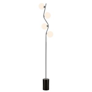 Franklite Cosmic modern 4 light floor lamp in satin nickel with opal glass shades, on white background.