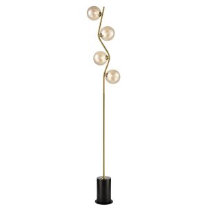 Franklite Cosmic modern 4 light floor lamp in antique gold with amber glass shades on white background.
