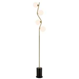 Franklite Cosmic, quality modern 4 light floor lamp in antique gold with opal glass shades, on white background.