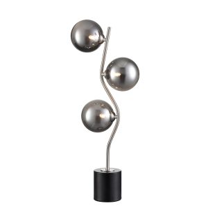 Franklite Cosmic modern 3 light table lamp in satin nickel with smoked glass shades, on white background.