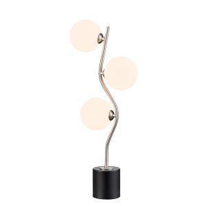 Franklite Cosmic modern 3 light table lamp in satin nickel with opal glass shades, on white background.