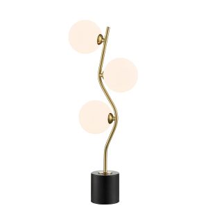 Franklite Cosmic quality modern 3 light table lamp in antique gold with opal glass shades, on white background.