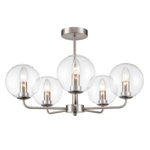 Franklite Court 5 light satin nickel semi flush ceiling light with clear glass globes, on white background, lit.