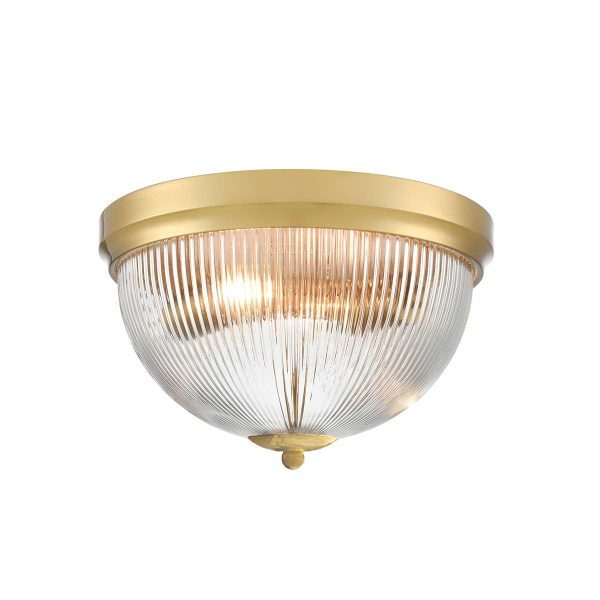 Small Franklite Cupola 2 light aged brass flush ceiling light with ribbed glass shade, on white background, lit.