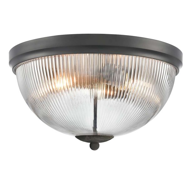 Large Franklite Cupola 3 light matt black flush ceiling light with ribbed glass shade, on white background, lit.