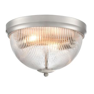 Franklite Cupola 2 light satin nickel flush ceiling light with ribbed glass shade, on white background, lit.