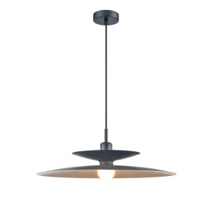 Franklite Cymbal single light matt black pendant with brushed gold painted inner, full height on white background.