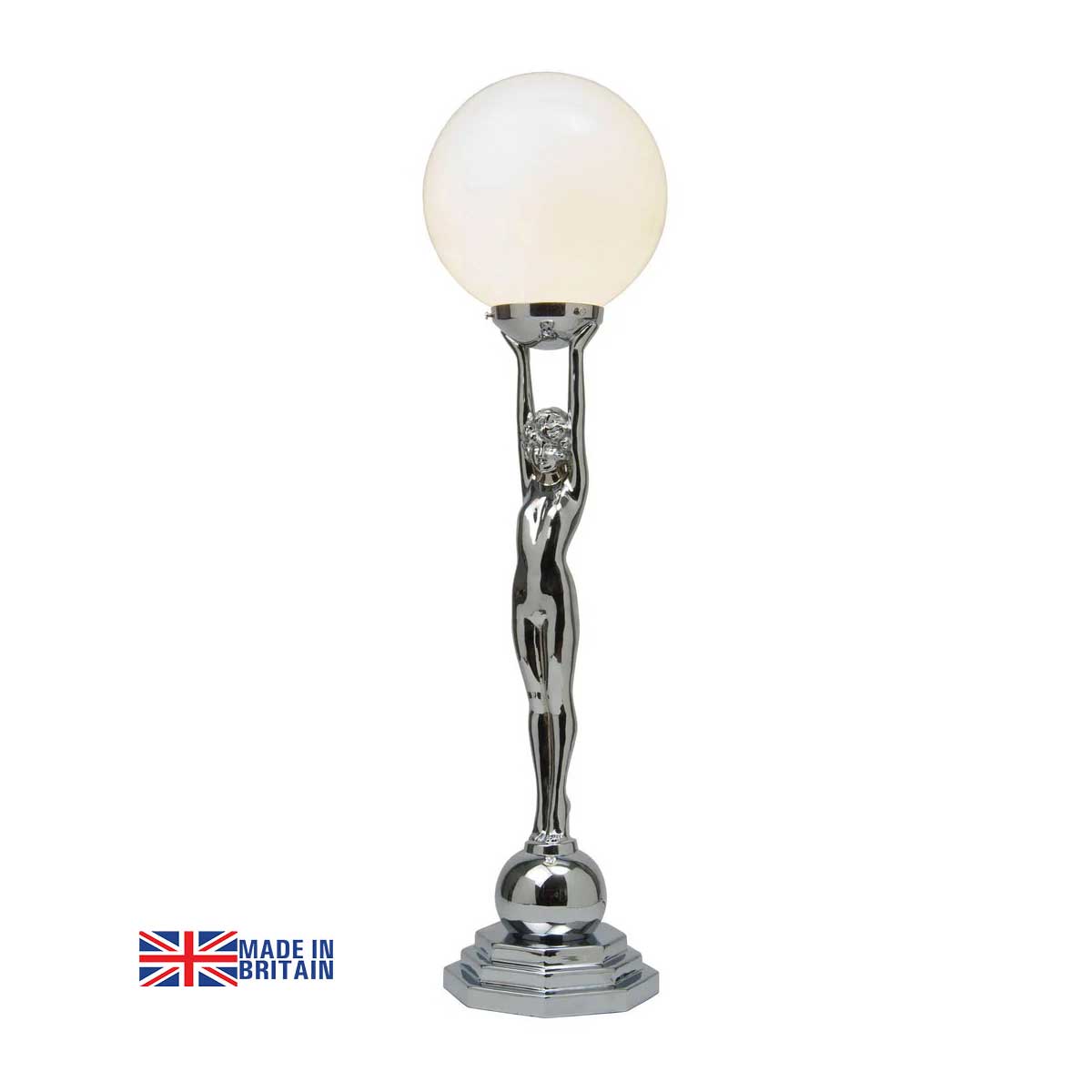Chrome Art Deco Lady With Opal Globe UK Made