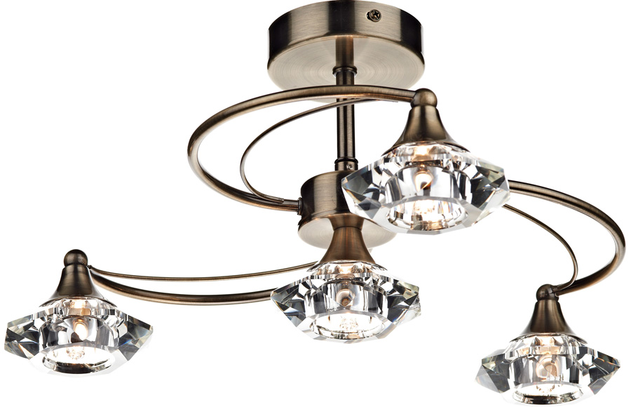 Dar Luther 4 Light Semi Flush Crystal Light Antique Brass