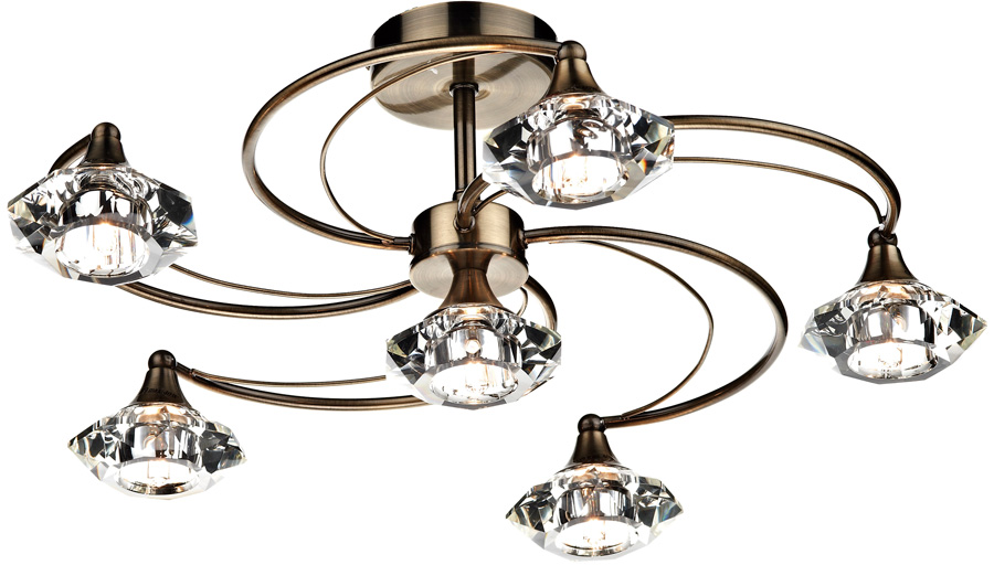 Dar Luther 6 Light Semi Flush Crystal Light Antique Brass