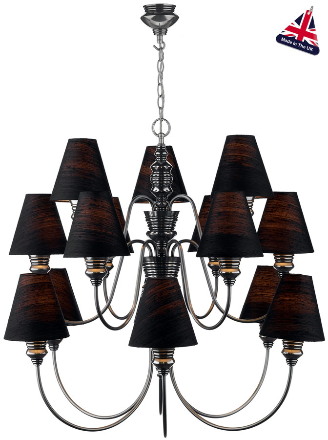 David Hunt Doreen Large Pewter 15 Light Silk Shade Chandelier