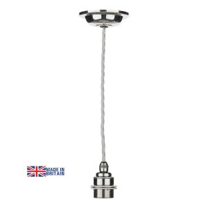 Duxford British made pendant suspension in nickel chrome plate, on a white background.