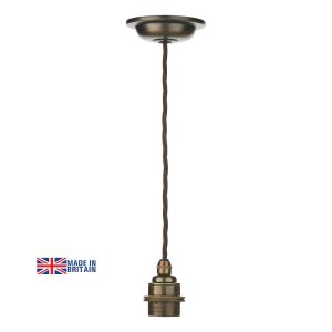 Duxford British made pendant suspension in solid antique brass, on a white background.
