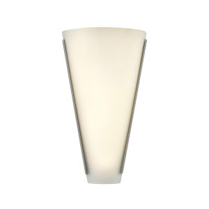Franklite Dakota LED opal glass wall washer light with satin nickel, on white background, lit.