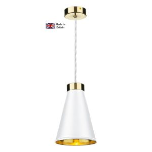 Hyde single light solid polished brass ceiling pendant with white shade