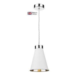 Hyde solid brass 1 light ceiling pendant in crome with Arctic white shade