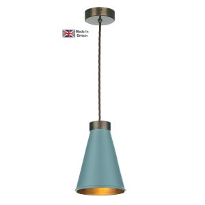 Hyde 1 light solid antique brass ceiling pendant with river blue shade