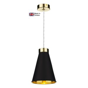 Hyde single light solid polished brass ceiling pendant with matt black shade