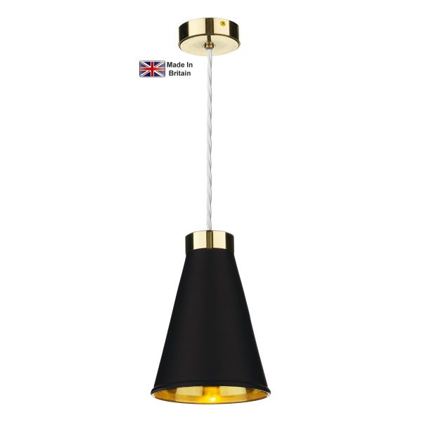 Hyde single light solid polished brass ceiling pendant with matt black shade