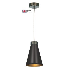 Hyde 1 light solid antique brass ceiling pendant with matt black shade