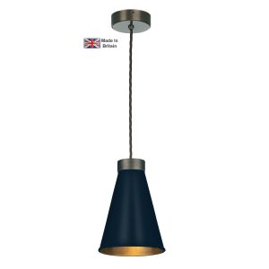 Hyde 1 light solid antique brass ceiling pendant with smoke blue shade