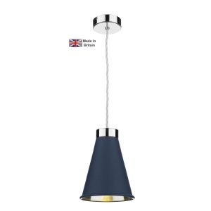 Hyde solid brass 1 light ceiling pendant in chrome with smoke blue shade