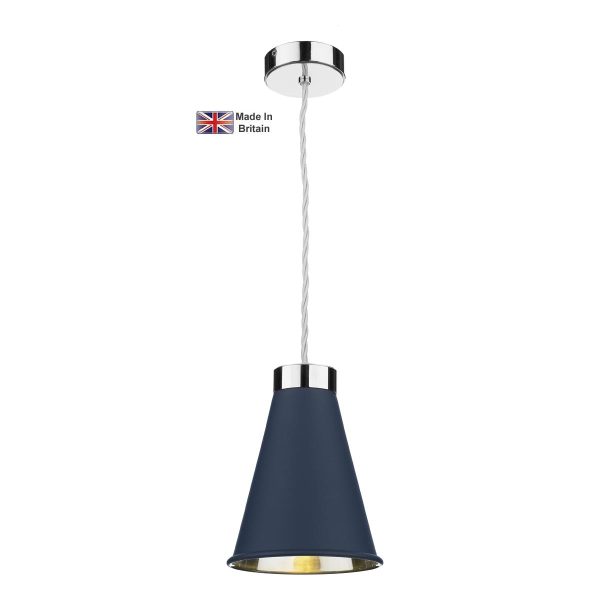 Hyde solid brass 1 light ceiling pendant in chrome with smoke blue shade