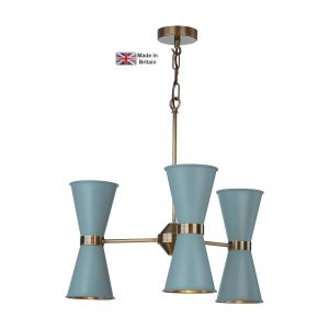 Hyde 6 light solid antique brass ceiling pendant with river blue shades with chain