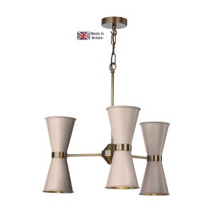 Hyde 6 light solid antique brass ceiling pendant with Cotswold cream shades with chain