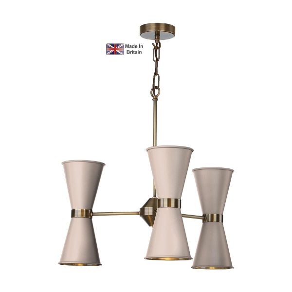 Hyde 6 light solid antique brass ceiling pendant with Cotswold cream shades with chain