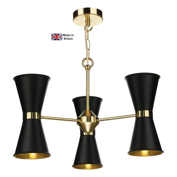 Hyde 6 light solid polished brass ceiling pendant with matt black shades with chain