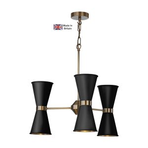 Hyde 6 light solid antique brass ceiling pendant with matt black shades with chain