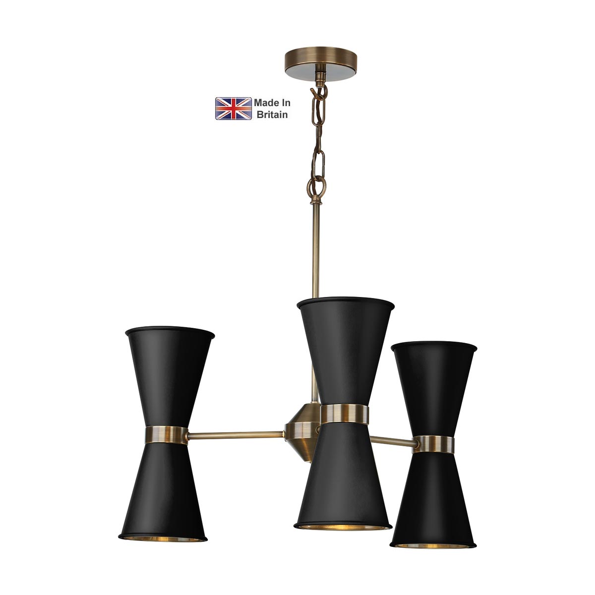 David Hunt Hyde 6 Light Solid Antique Brass Pendant Matt Black Shades