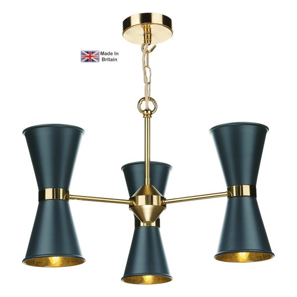 Hyde 6 light solid brass ceiling pendant with smoke blue shades with chain